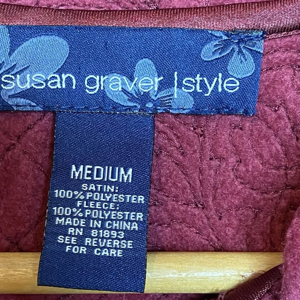 Susan Graver Quilted Cottagecore Layer Full Zip Vest Womens Size M Maroon Satin